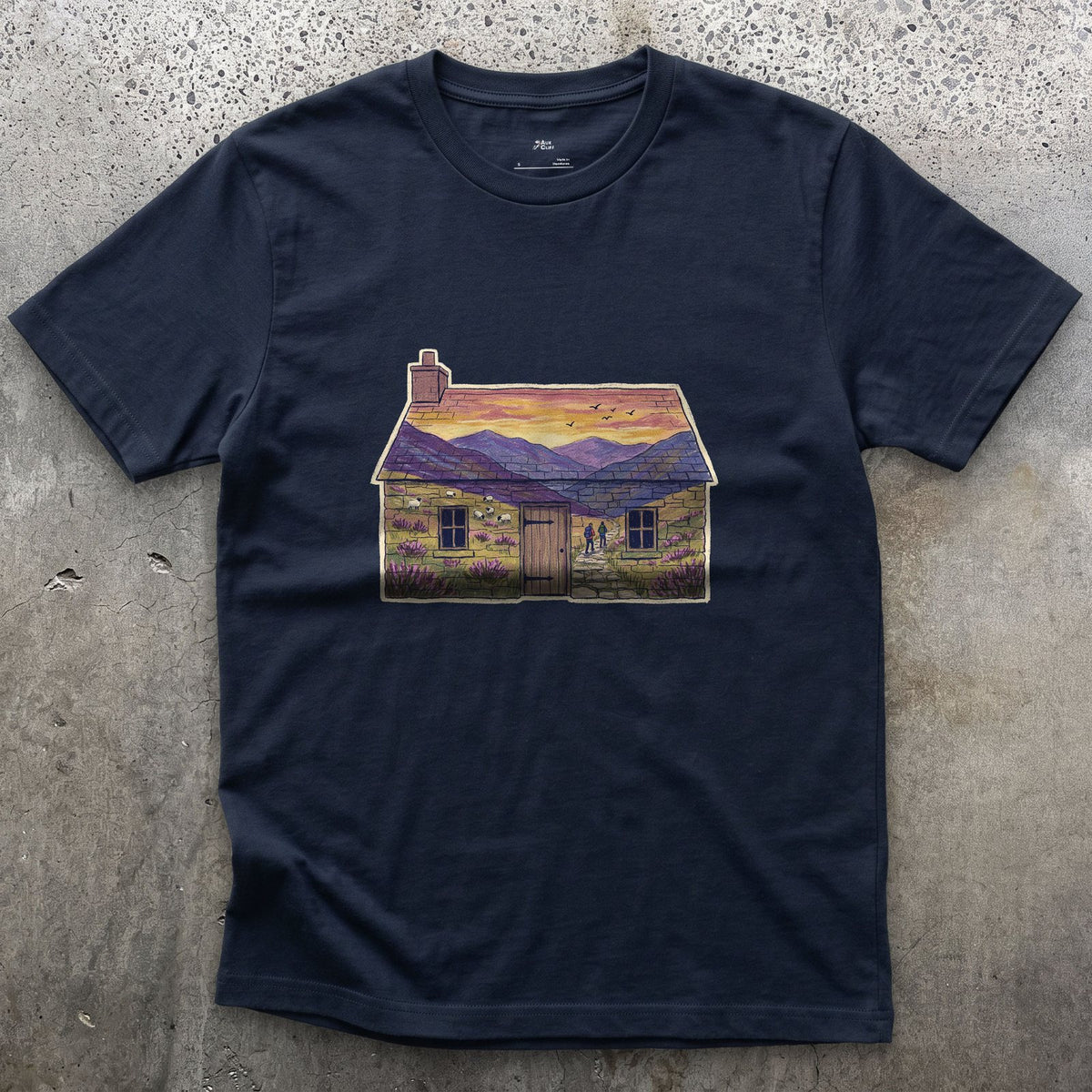 The Glen Outside the Bothy design on a Navy Gildan Softstyle t-shirt