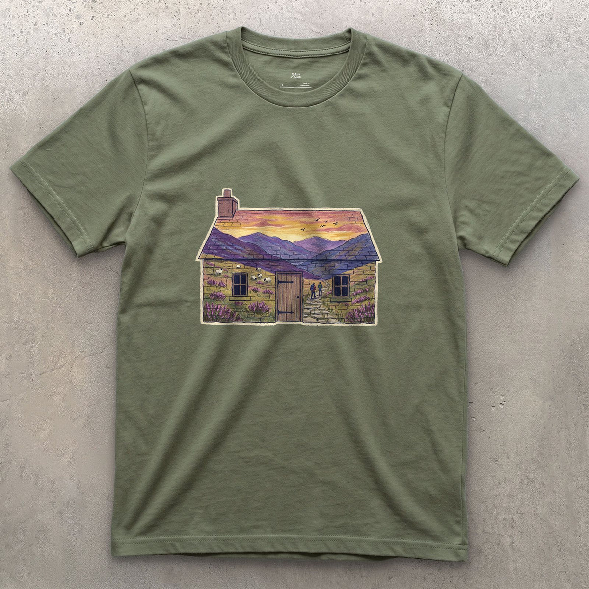 The Glen Outside the Bothy design on a Military Green Gildan Softstyle t-shirt
