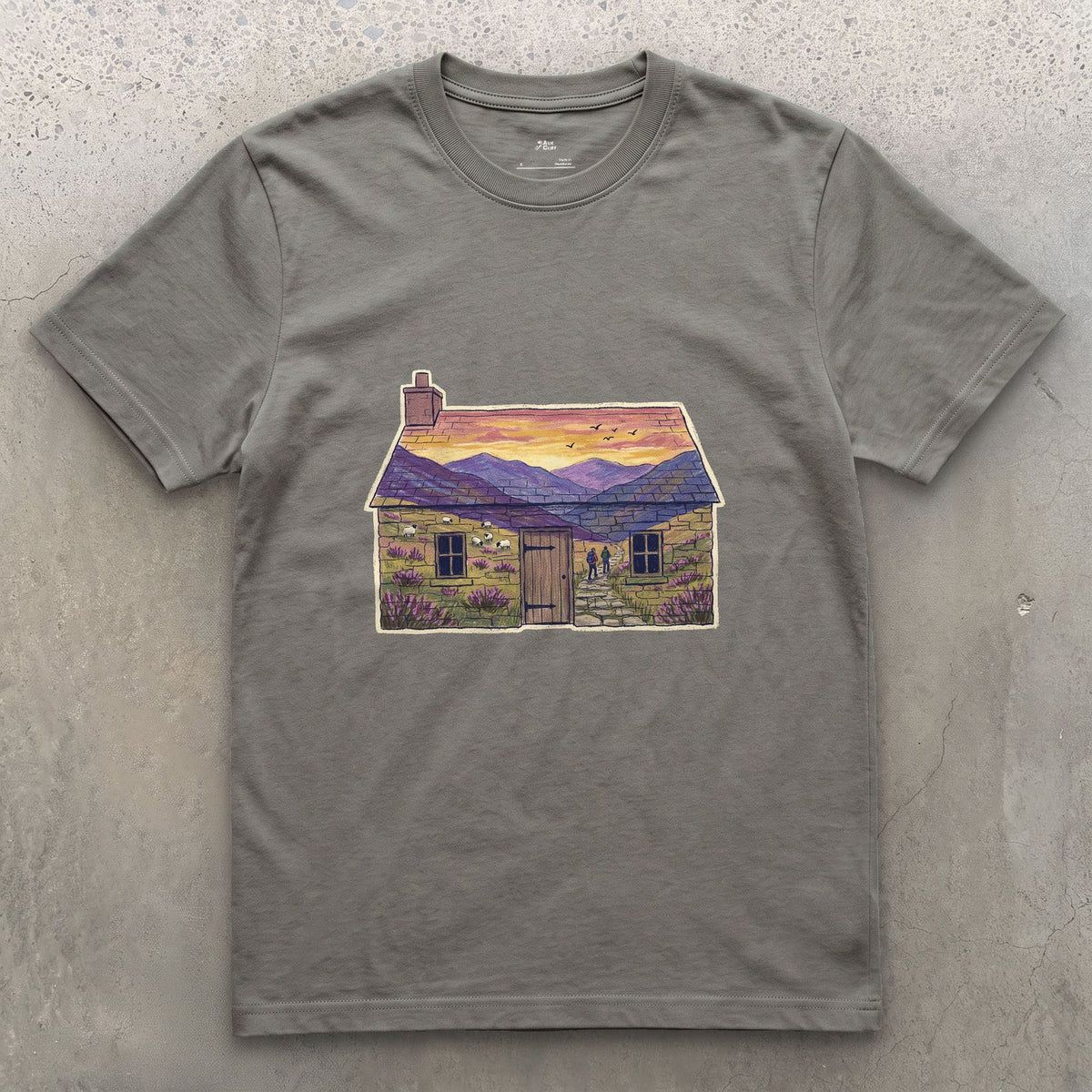 The Glen Outside the Bothy design on a Charcoal Gildan Softstyle t-shirt