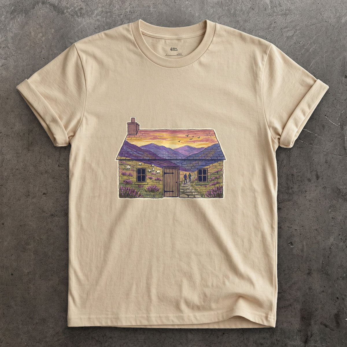 The Glen Outside the Bothy design on a Sand Gildan Softstyle t-shirt