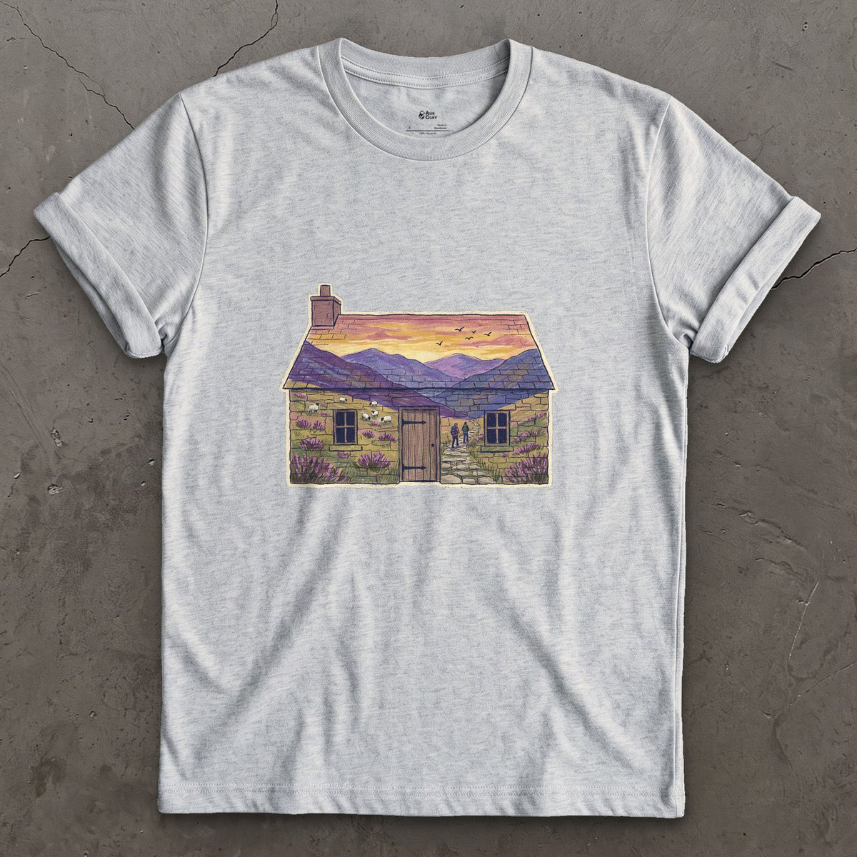 The Glen Outside the Bothy design on a Sport Grey Gildan Softstyle t-shirt