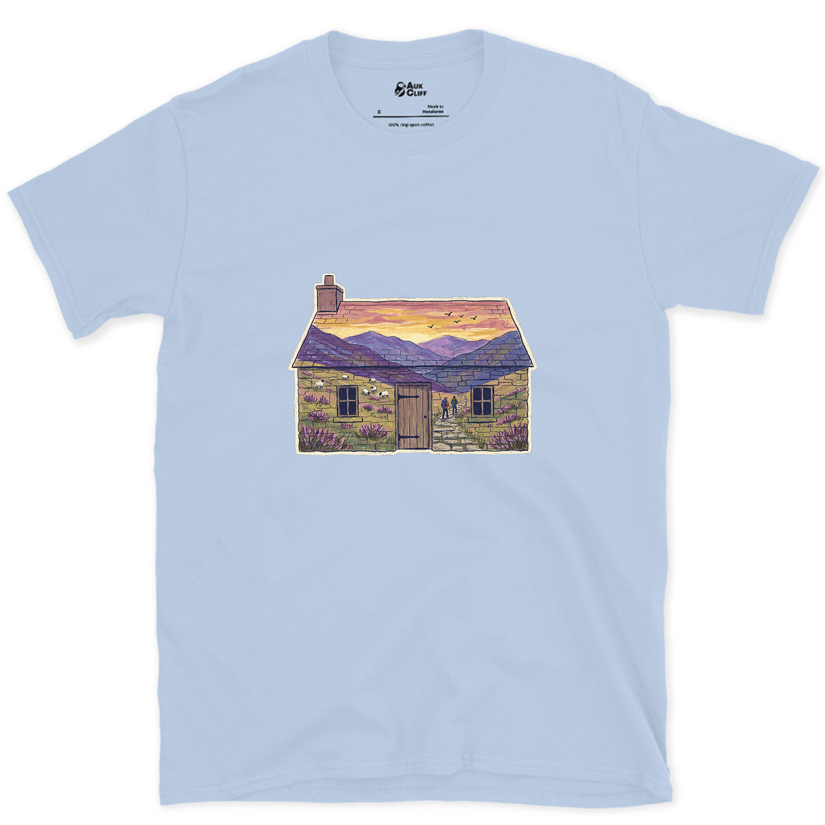 The Glen Outside the Bothy design on a Light Blue Gildan Softstyle t-shirt