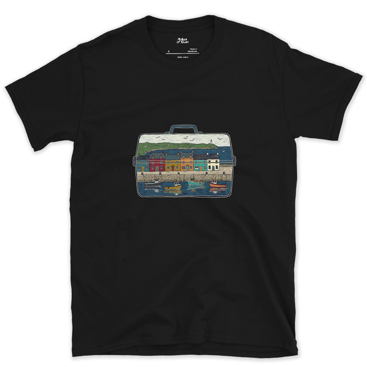 The Harbour in the Tackle Box design on a Black Gildan Softstyle t-shirt