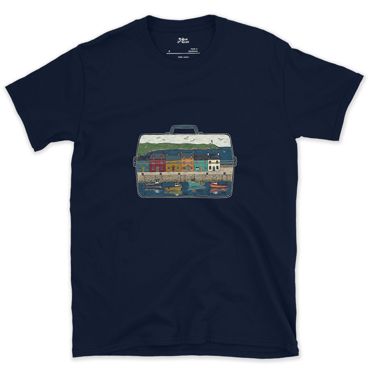 The Harbour in the Tackle Box design on a Navy Gildan Softstyle t-shirt
