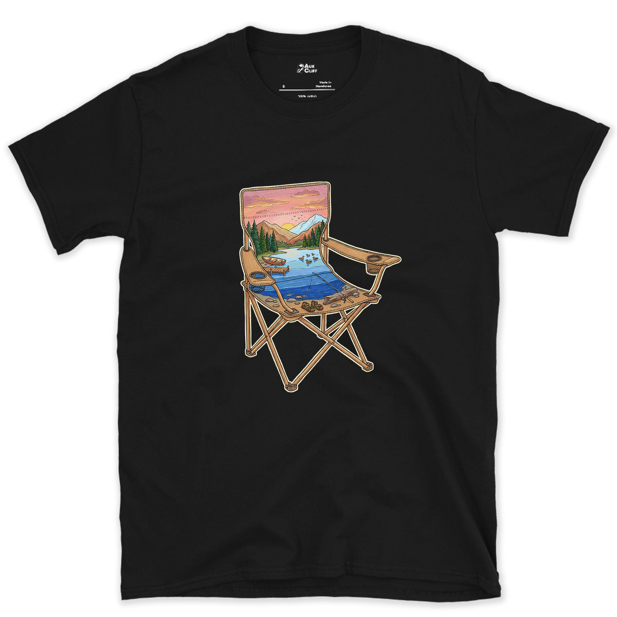 The Lake From the Camp Chair design on a Black Gildan Softstyle t-shirt