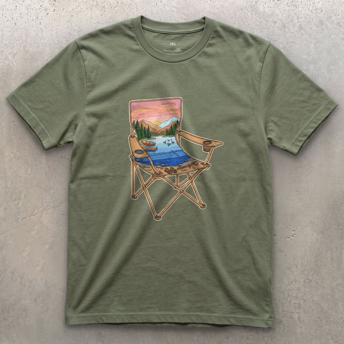 The Lake From the Camp Chair design on a Military Green Gildan Softstyle t-shirt