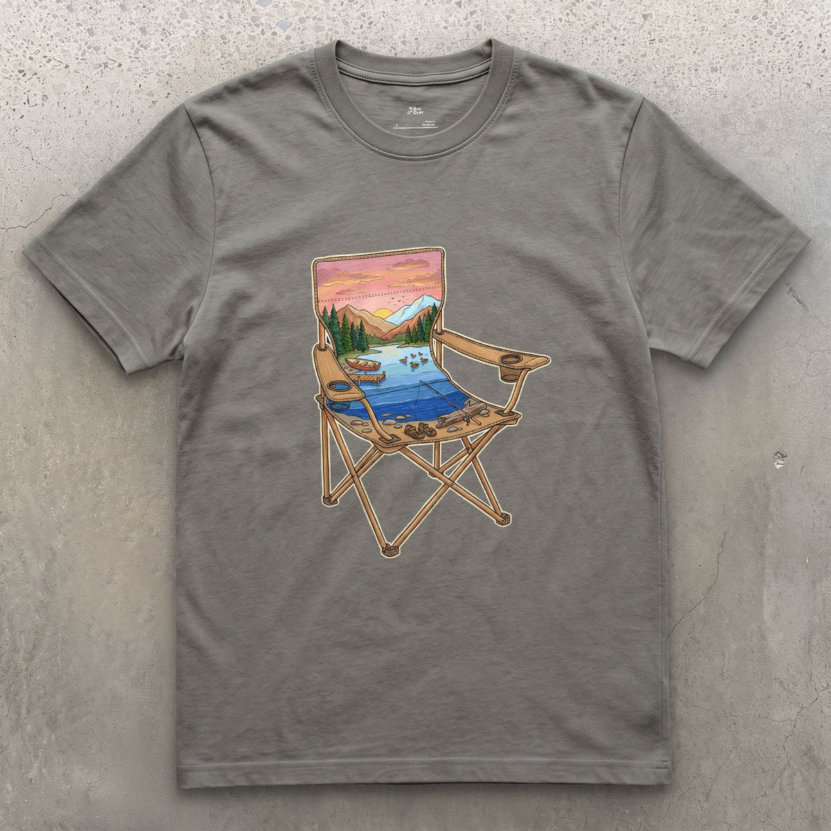 The Lake From the Camp Chair design on a Charcoal Gildan Softstyle t-shirt