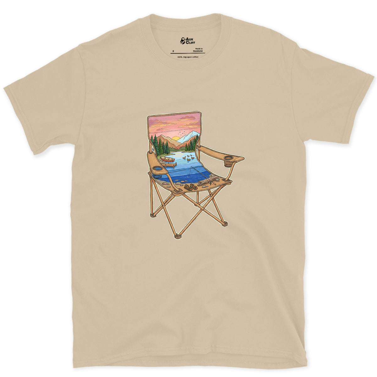 The Lake From the Camp Chair design on a Sand Gildan Softstyle t-shirt