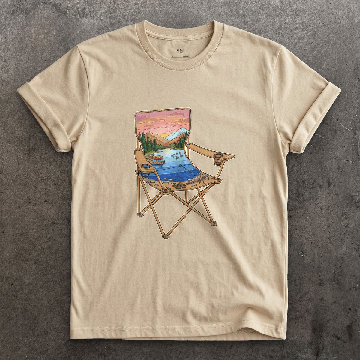 The Lake From the Camp Chair design on a Sand Gildan Softstyle t-shirt