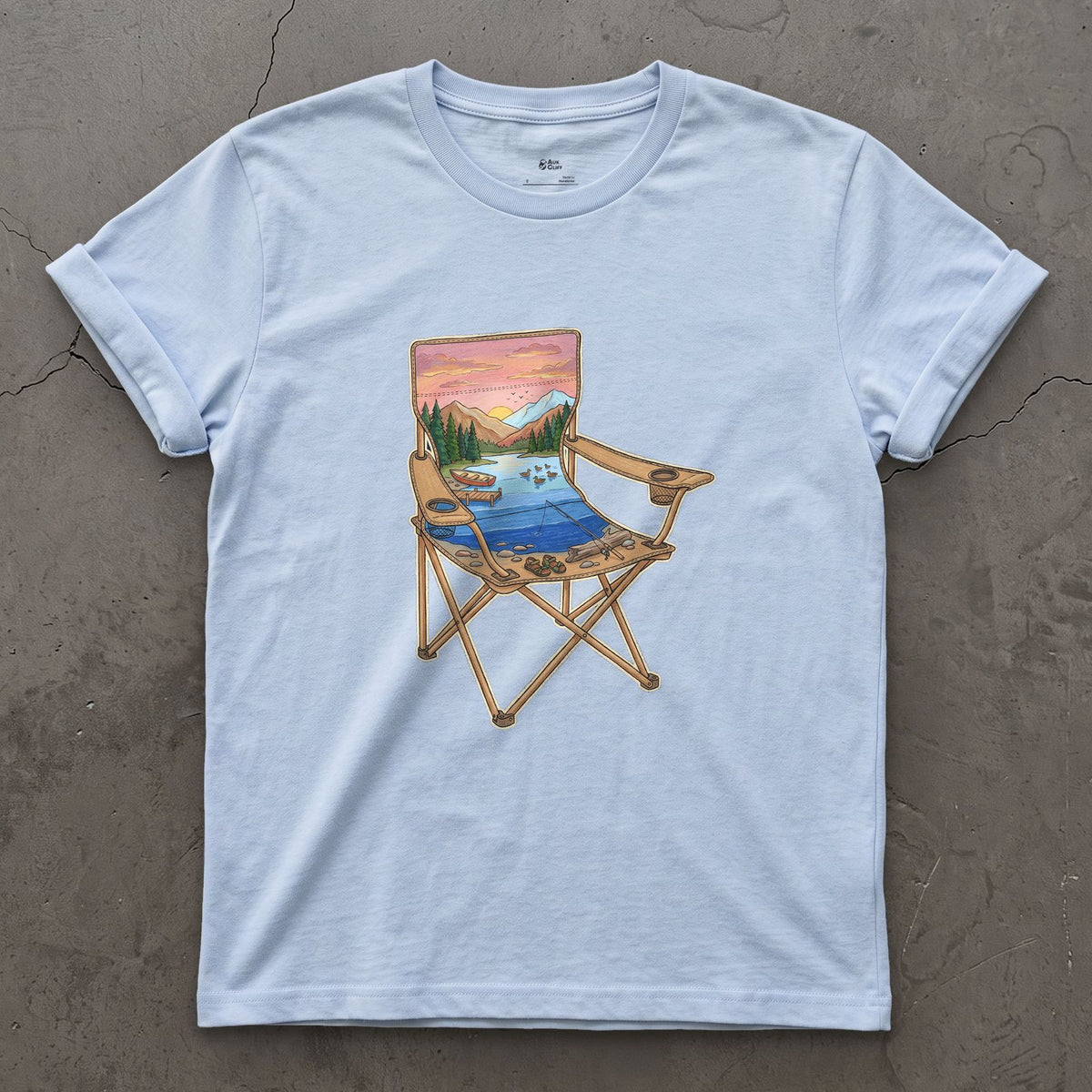 The Lake From the Camp Chair design on a Light Blue Gildan Softstyle t-shirt