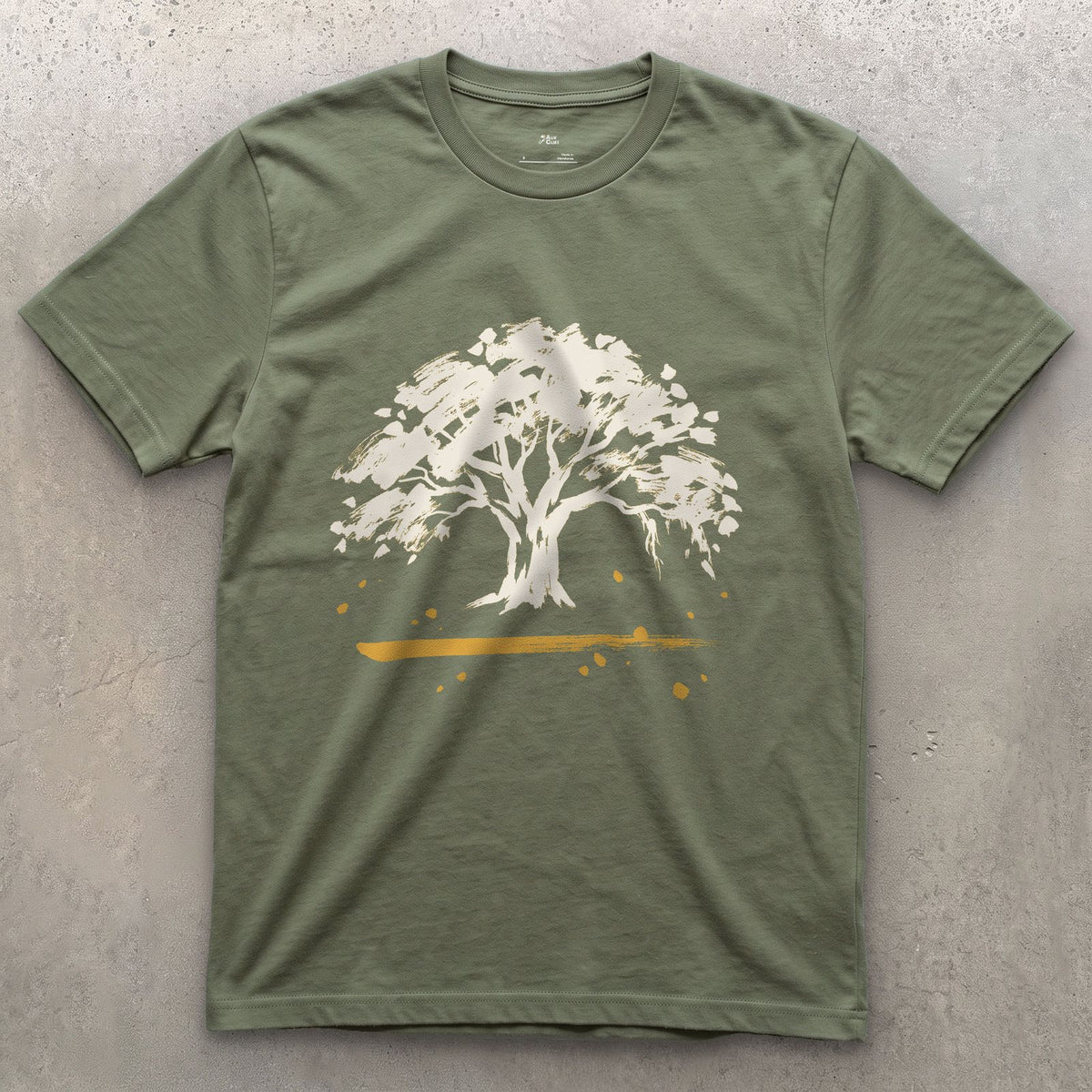 The Oak Goes Wide design on a Military Green Gildan Softstyle t-shirt