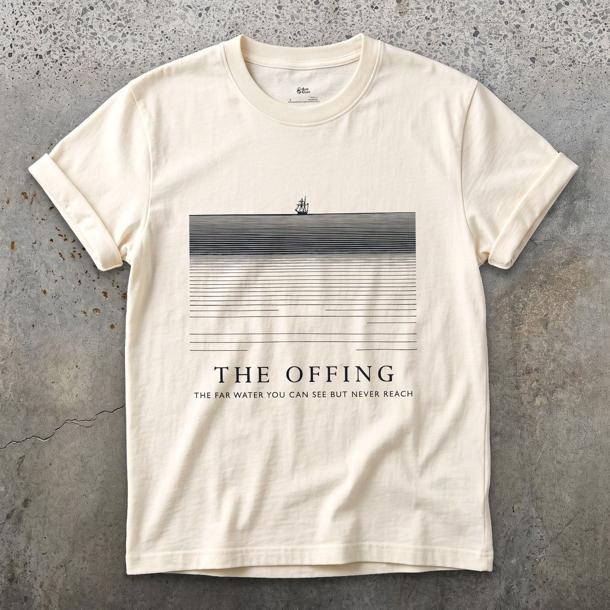 The Offing, the Far Water You Can See but Never Reach design on a Natural Gildan Softstyle t-shirt