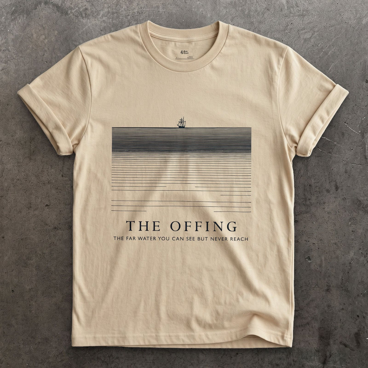 The Offing, the Far Water You Can See but Never Reach design on a Sand Gildan Softstyle t-shirt