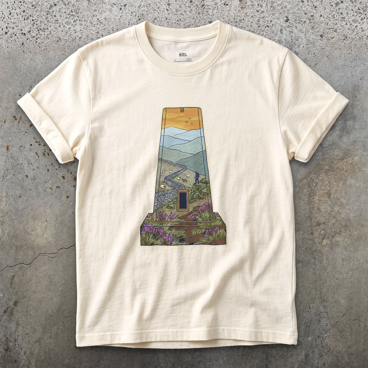 The Summit Panorama From the Trig Pillar design on a Natural Gildan Softstyle t-shirt