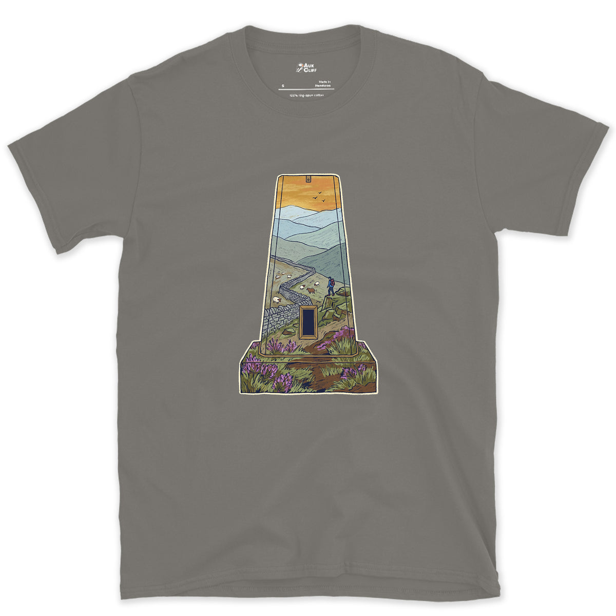 The Summit Panorama From the Trig Pillar design on a Charcoal Gildan Softstyle t-shirt