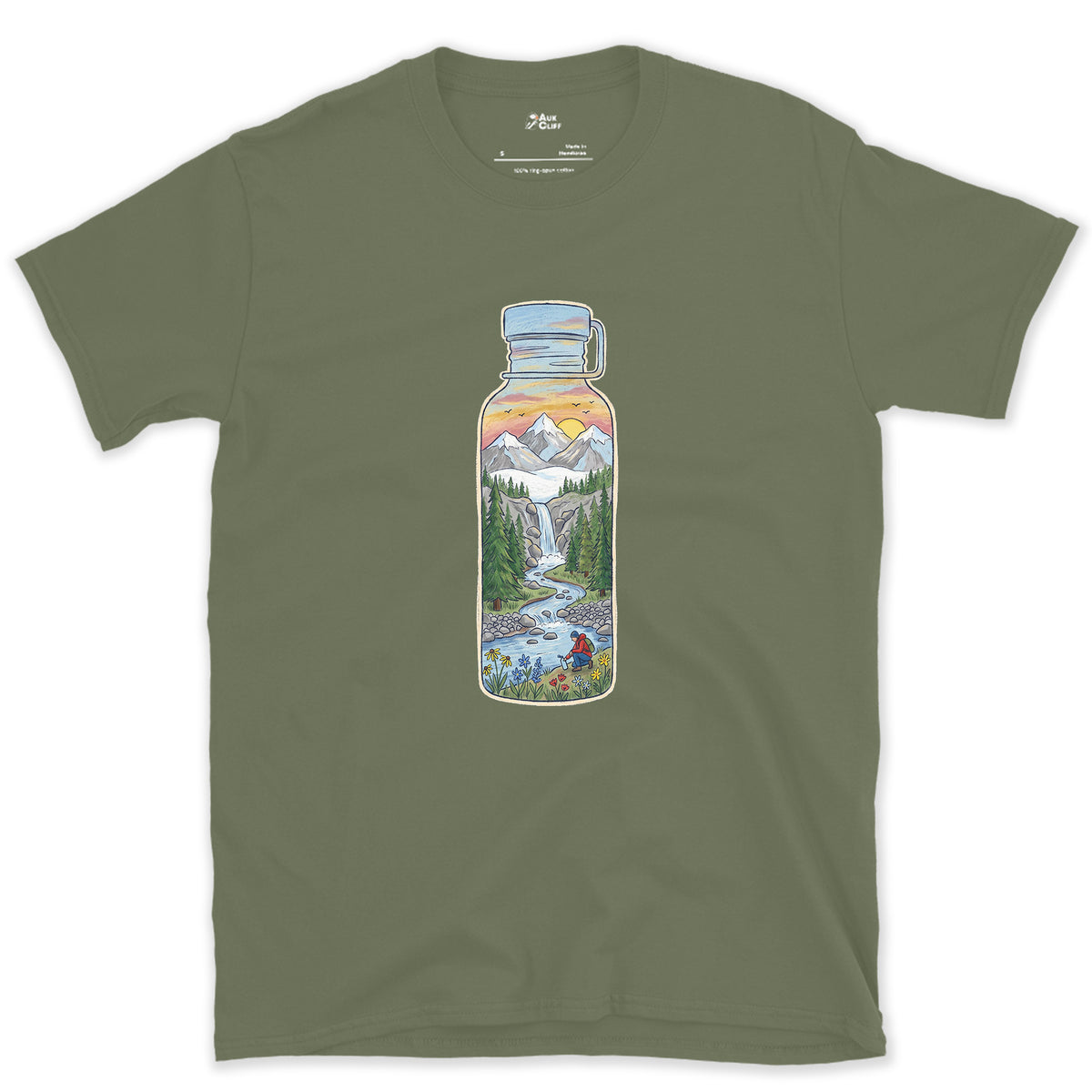 The Stream It Came From, Water Bottle design on a Military Green Gildan Softstyle t-shirt