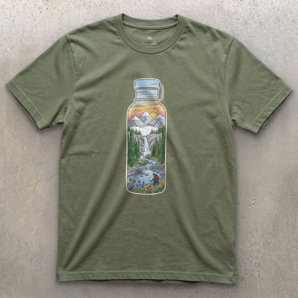 The Stream It Came From, Water Bottle design on a Military Green Gildan Softstyle t-shirt