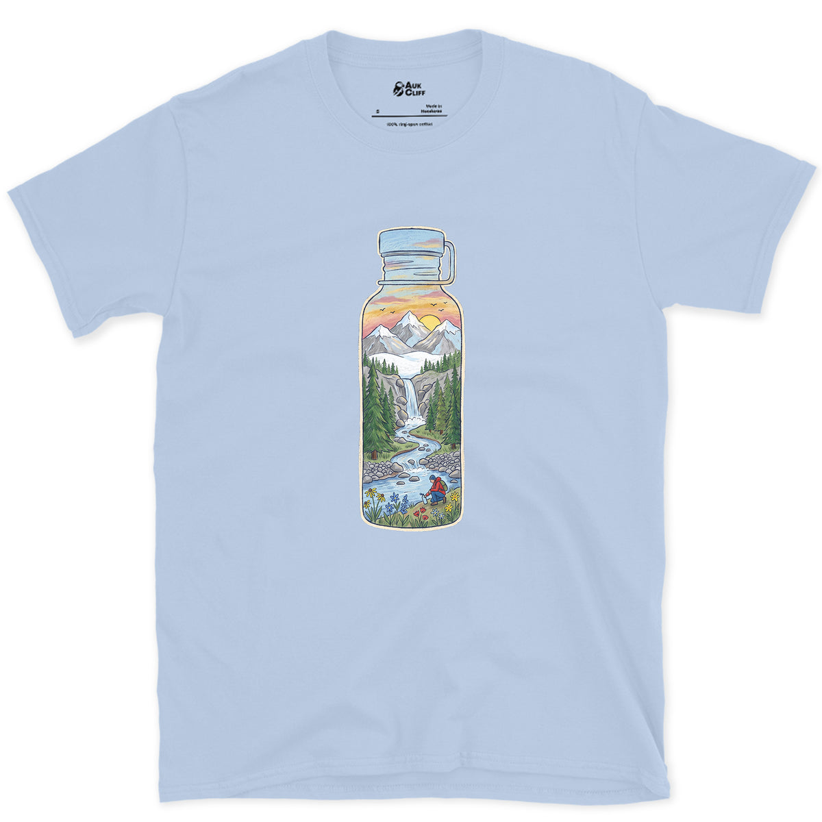 The Stream It Came From, Water Bottle design on a Light Blue Gildan Softstyle t-shirt