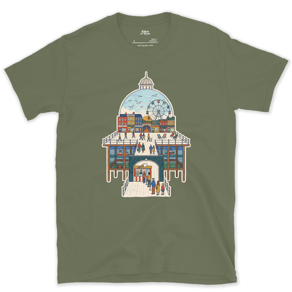 The Town Behind the Pier design on a Military Green Gildan Softstyle t-shirt