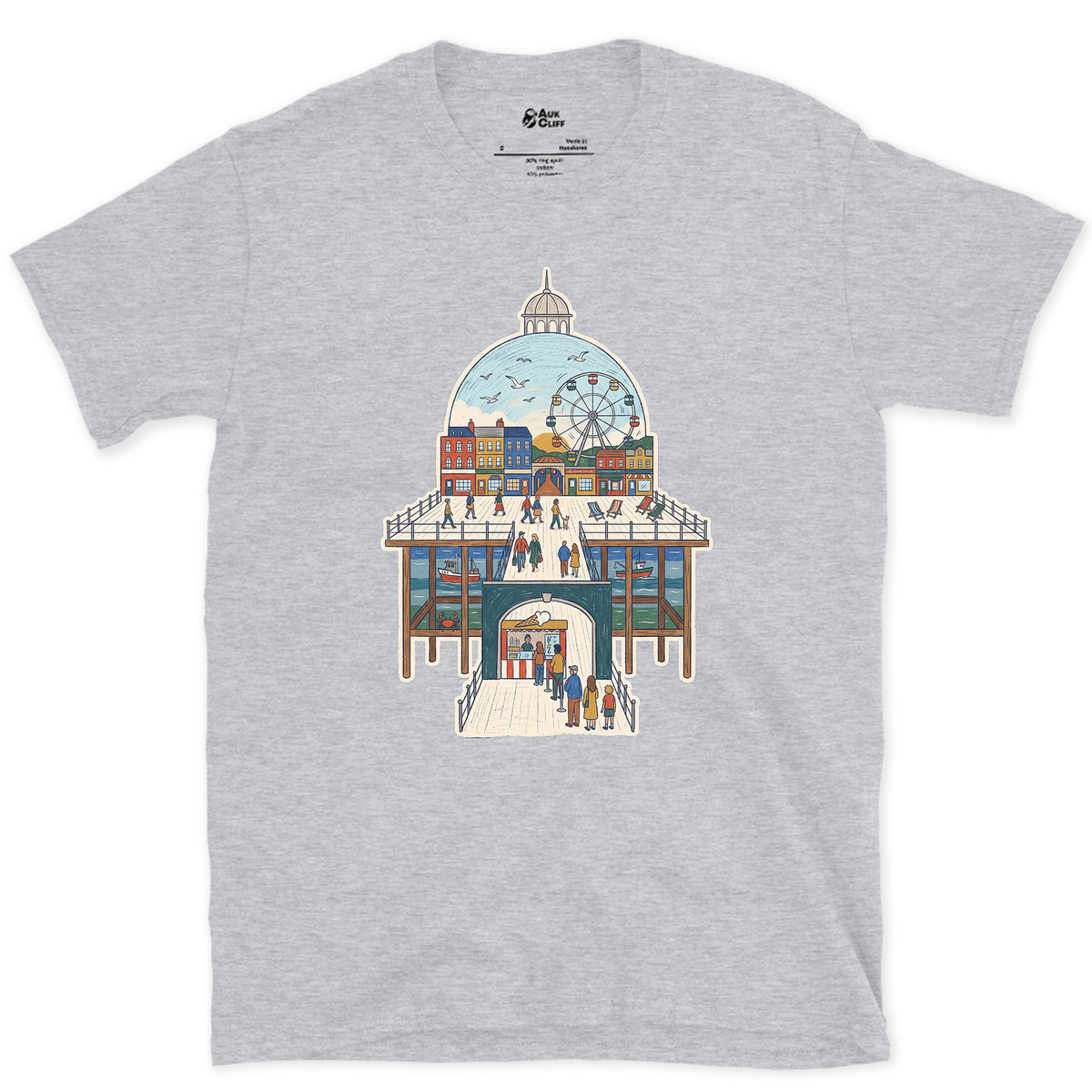 The Town Behind the Pier design on a Sport Grey Gildan Softstyle t-shirt