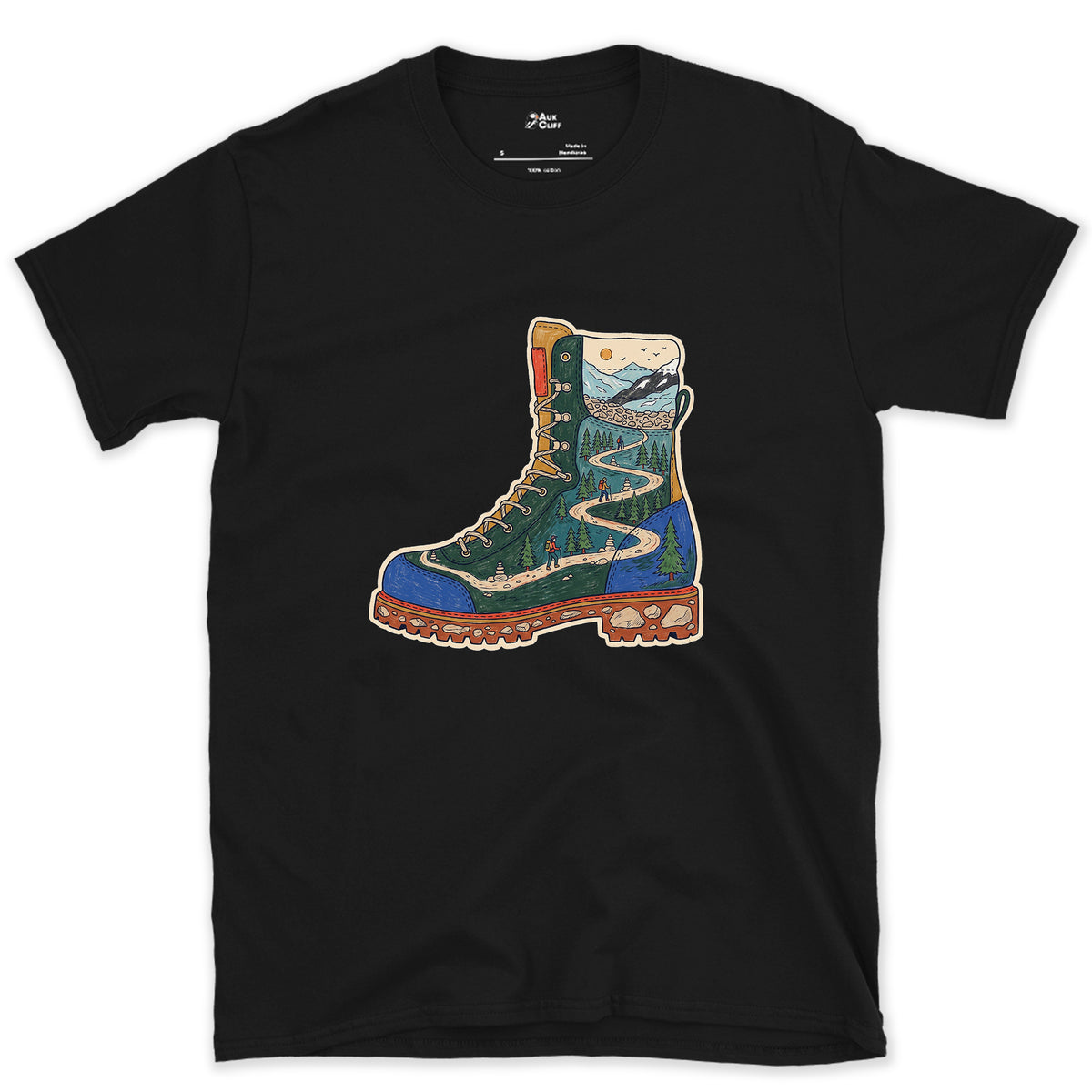 The Trail Climbs the Boot design on a Black Gildan Softstyle t-shirt