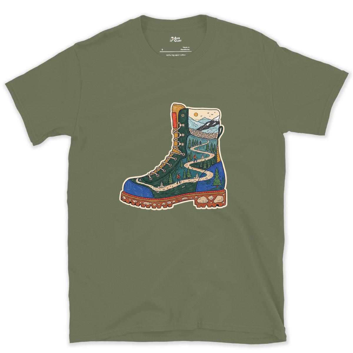 The Trail Climbs the Boot design on a Military Green Gildan Softstyle t-shirt