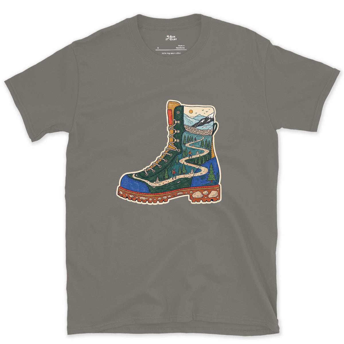 The Trail Climbs the Boot design on a Charcoal Gildan Softstyle t-shirt