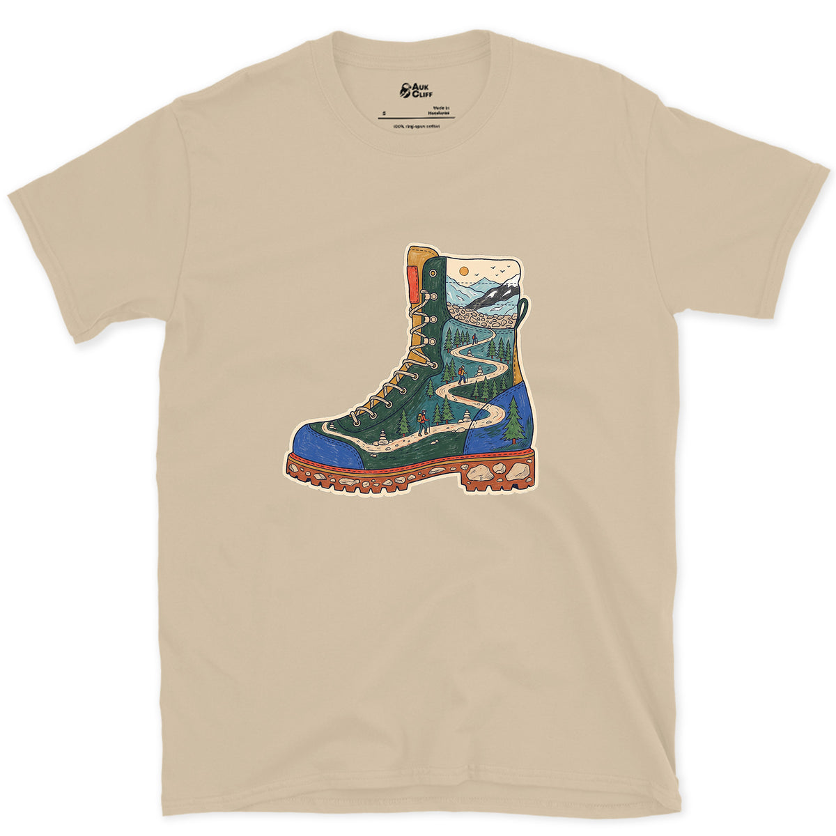 The Trail Climbs the Boot design on a Sand Gildan Softstyle t-shirt