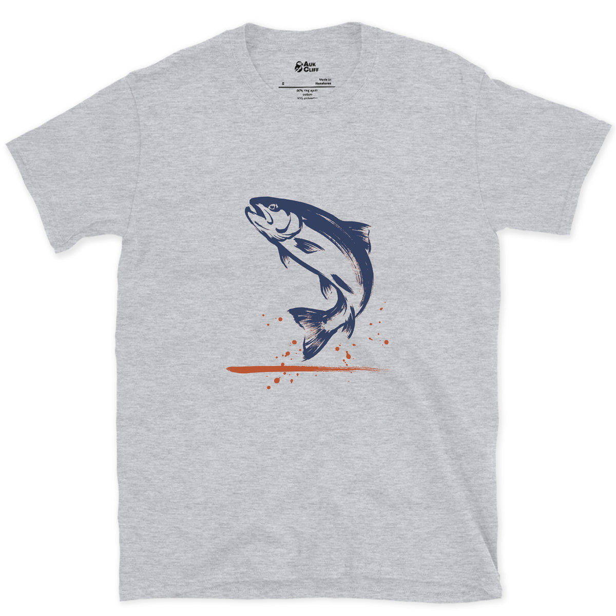 The Trout Comes Up design on a Sport Grey Gildan Softstyle t-shirt