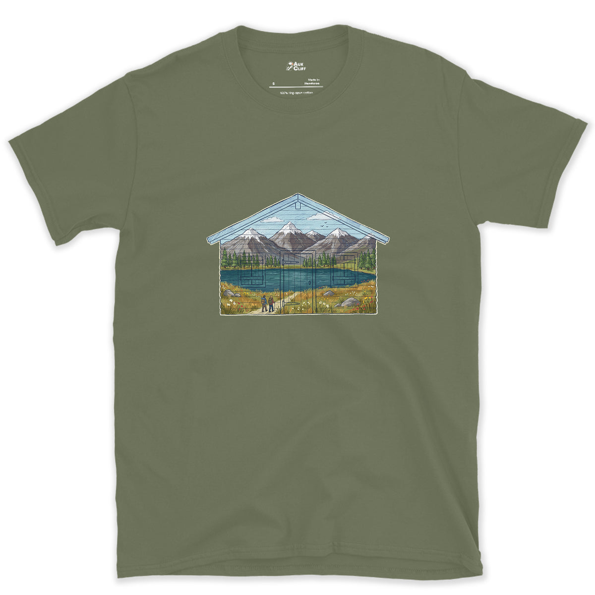 The Valley the Hut Faces design on a Military Green Gildan Softstyle t-shirt