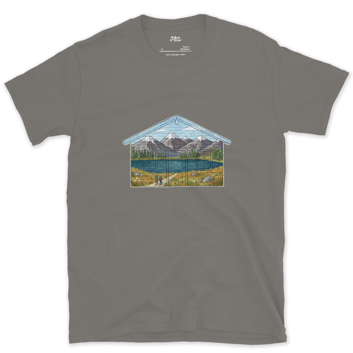 The Valley the Hut Faces design on a Charcoal Gildan Softstyle t-shirt