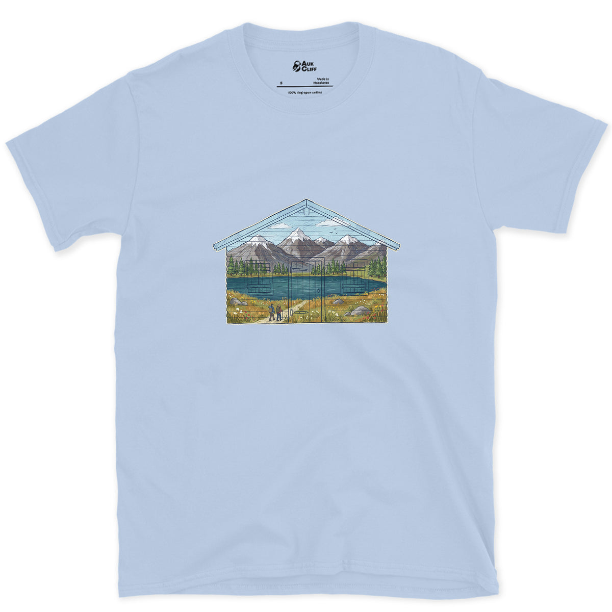 The Valley the Hut Faces design on a Light Blue Gildan Softstyle t-shirt