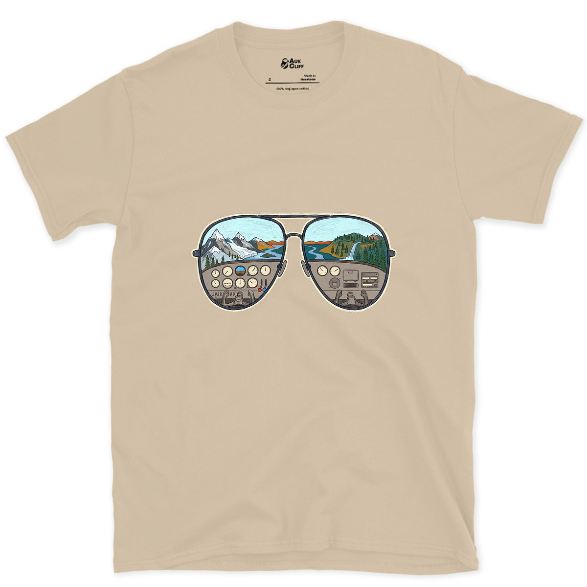 The View From the Left Seat, Aviators design on a Sand Gildan Softstyle t-shirt