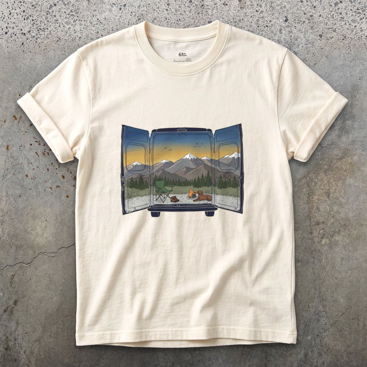 The View Out the Van Back Doors design on a Natural Gildan Softstyle t-shirt