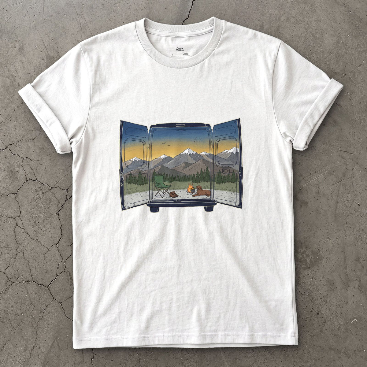 The View Out the Van Back Doors design on a White Gildan Softstyle t-shirt