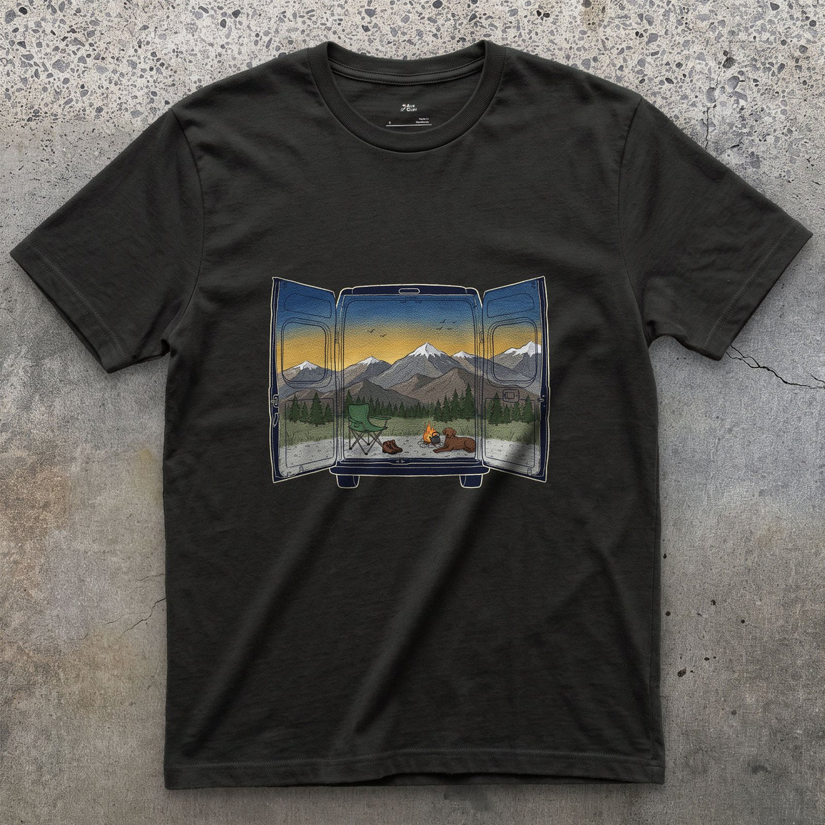 The View Out the Van Back Doors design on a Black Gildan Softstyle t-shirt