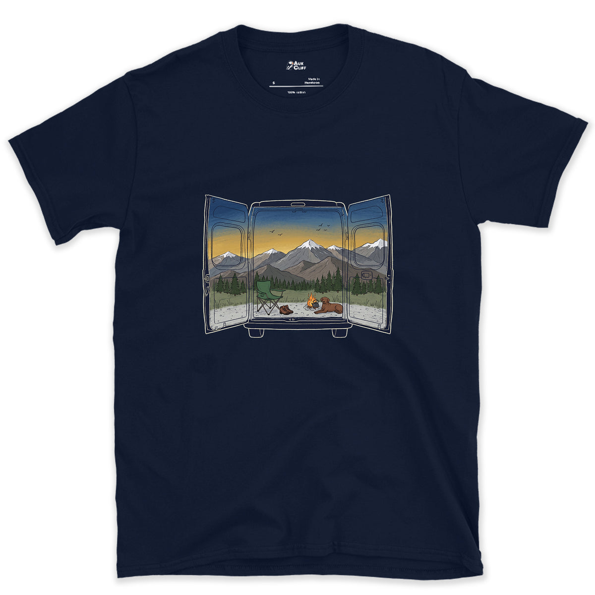 The View Out the Van Back Doors design on a Navy Gildan Softstyle t-shirt