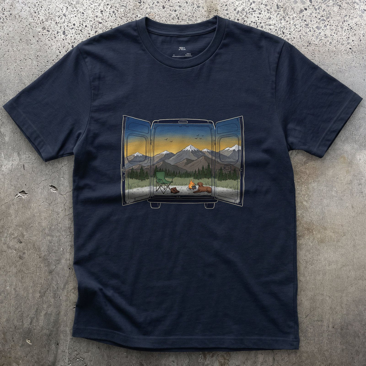 The View Out the Van Back Doors design on a Navy Gildan Softstyle t-shirt