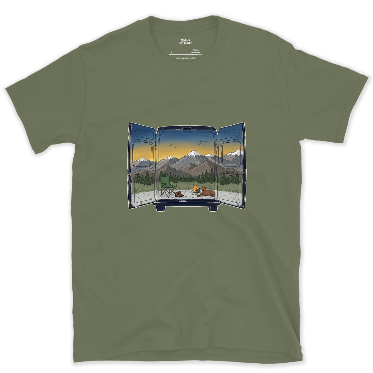 The View Out the Van Back Doors design on a Military Green Gildan Softstyle t-shirt