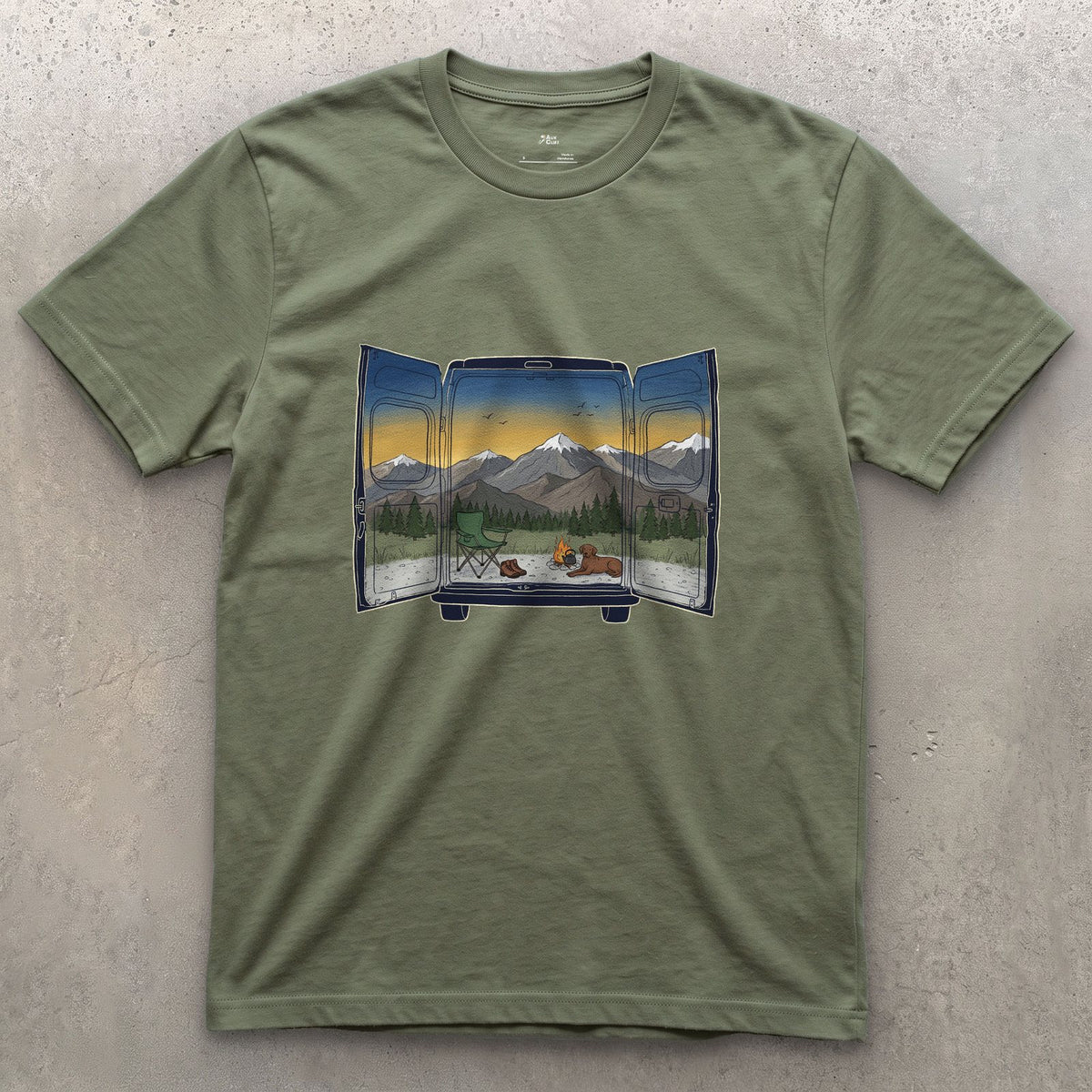 The View Out the Van Back Doors design on a Military Green Gildan Softstyle t-shirt