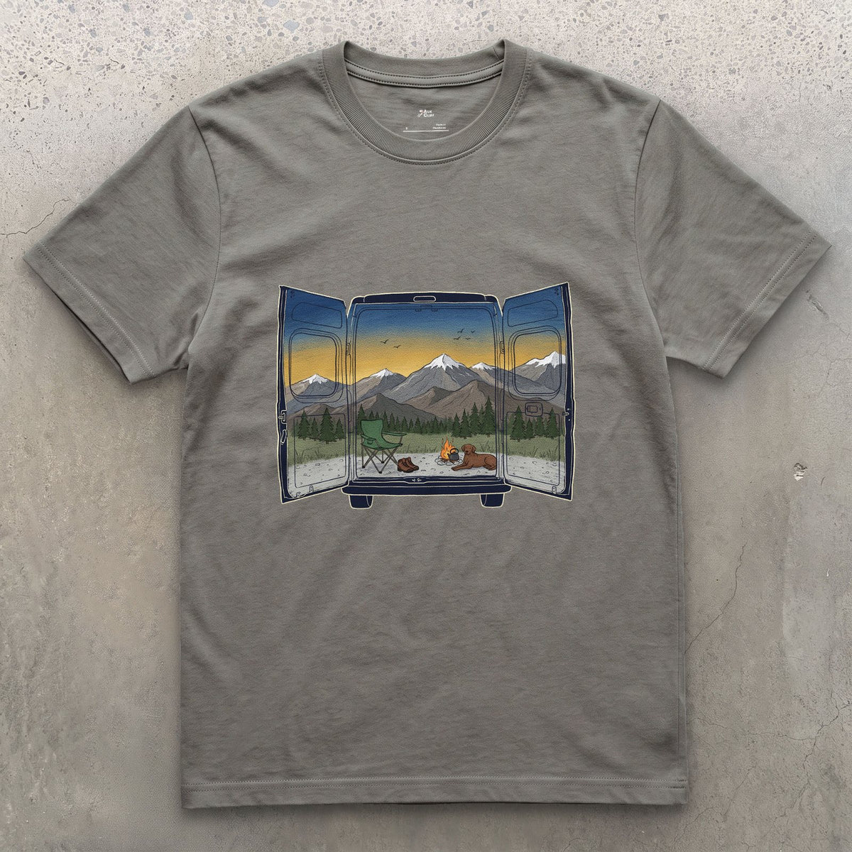 The View Out the Van Back Doors design on a Charcoal Gildan Softstyle t-shirt