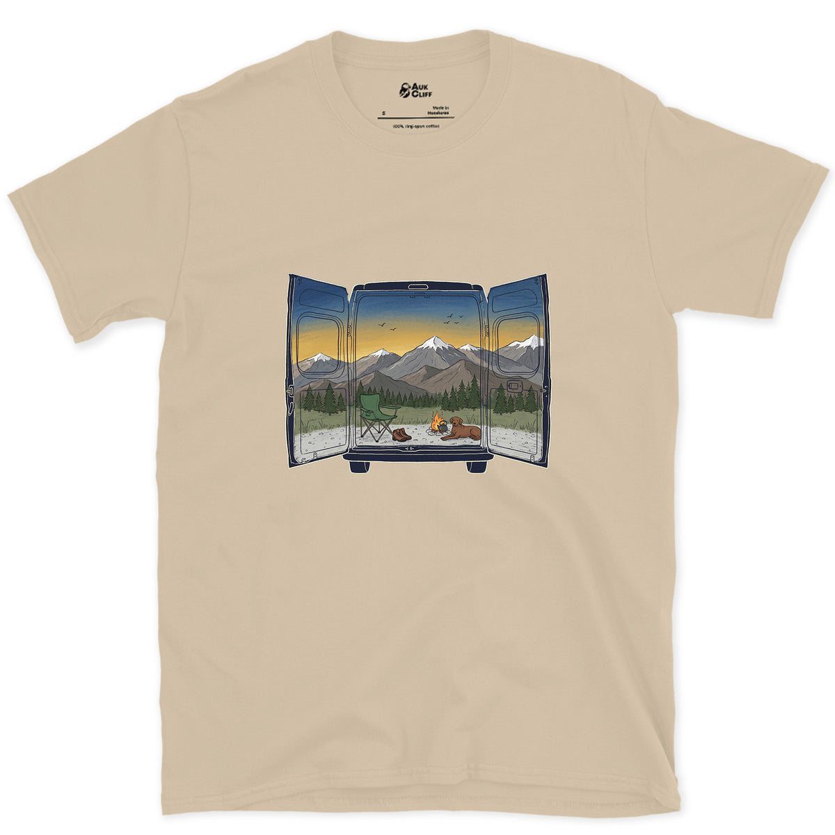 The View Out the Van Back Doors design on a Sand Gildan Softstyle t-shirt