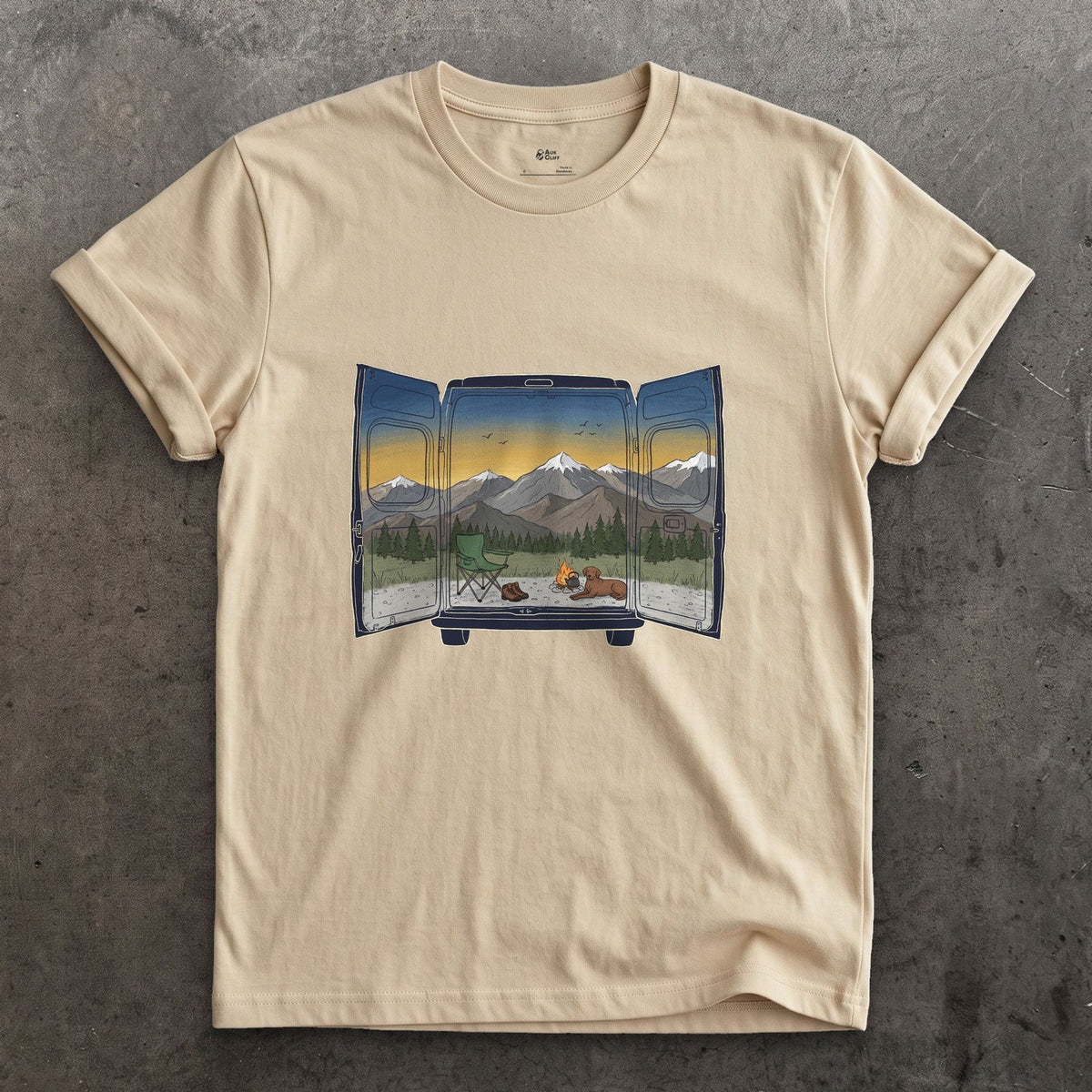 The View Out the Van Back Doors design on a Sand Gildan Softstyle t-shirt