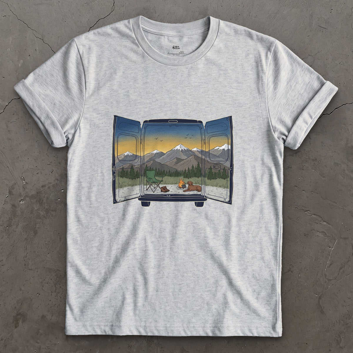 The View Out the Van Back Doors design on a Sport Grey Gildan Softstyle t-shirt