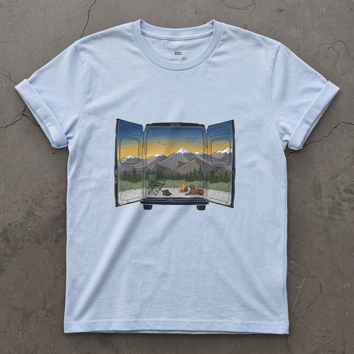 The View Out the Van Back Doors design on a Light Blue Gildan Softstyle t-shirt
