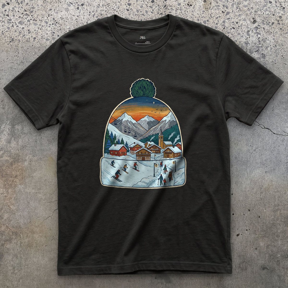 The Village Lights Up, Ski Beanie design on a Black Gildan Softstyle t-shirt