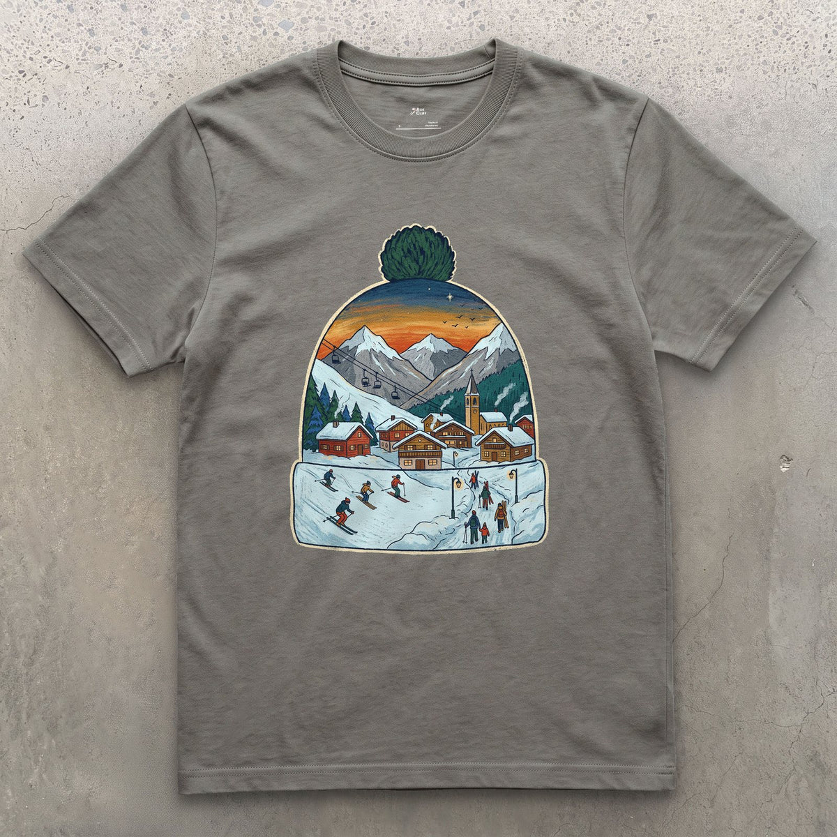 The Village Lights Up, Ski Beanie design on a Charcoal Gildan Softstyle t-shirt