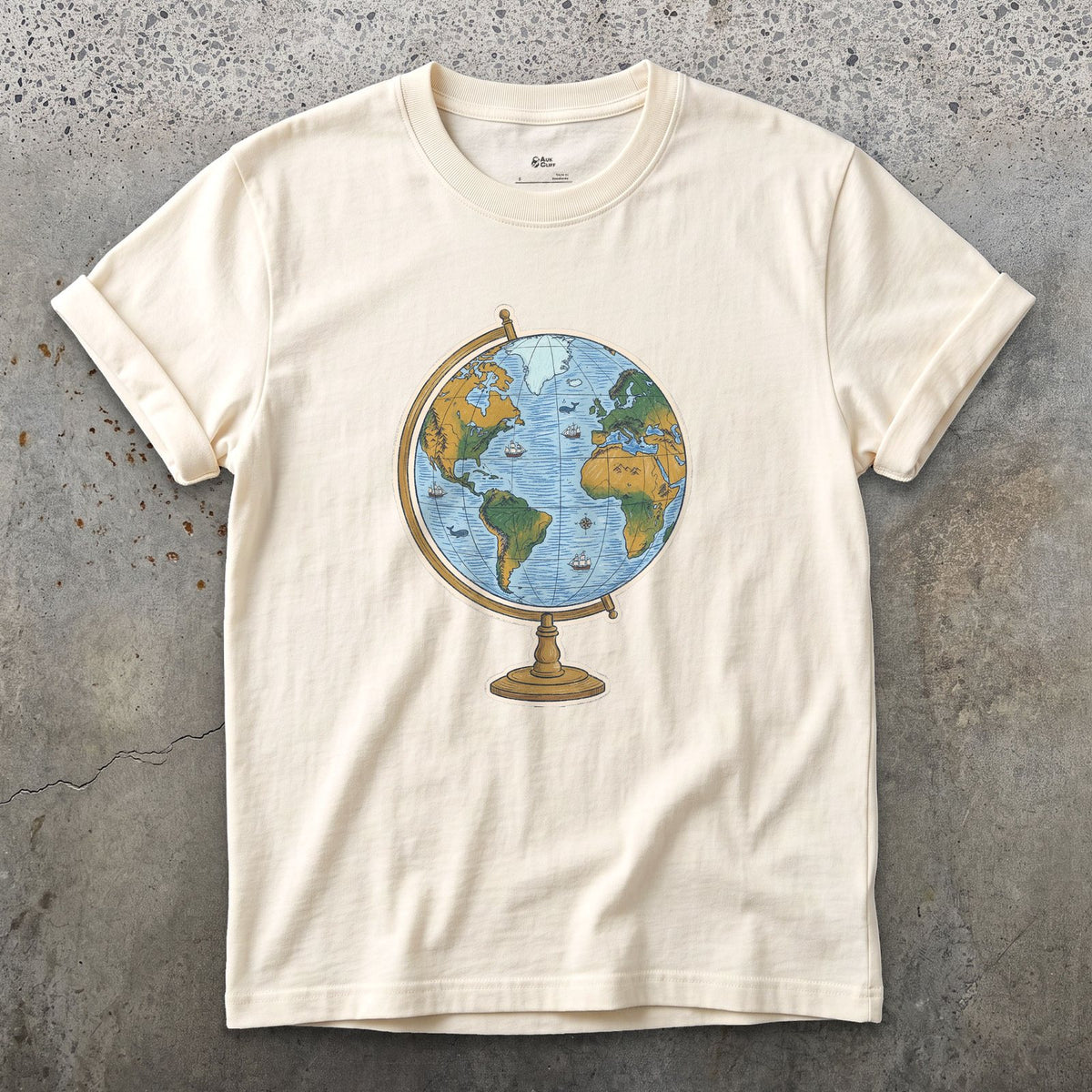 The Whole World on a Stand, Travel Globe design on a Natural Gildan Softstyle t-shirt