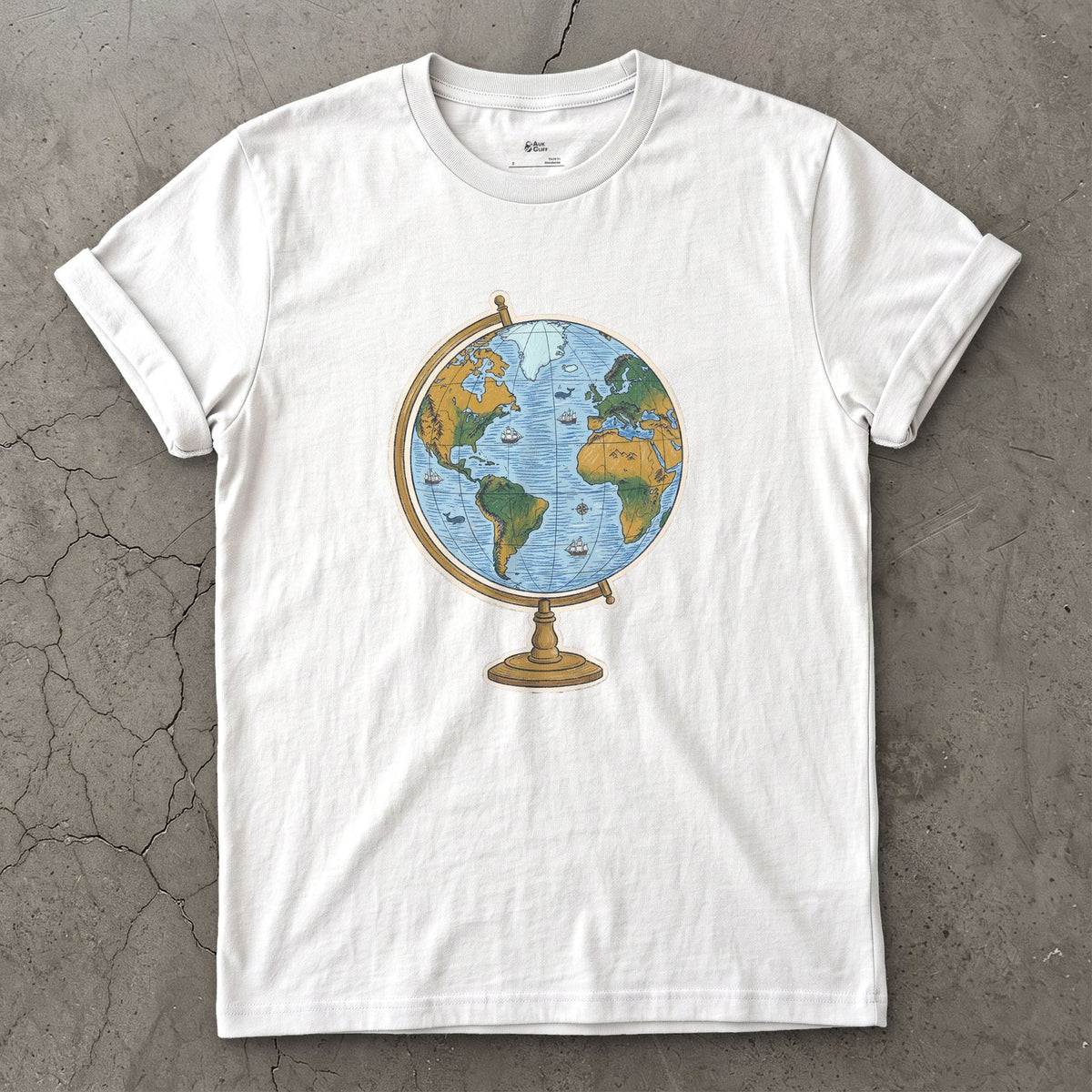 The Whole World on a Stand, Travel Globe design on a White Gildan Softstyle t-shirt