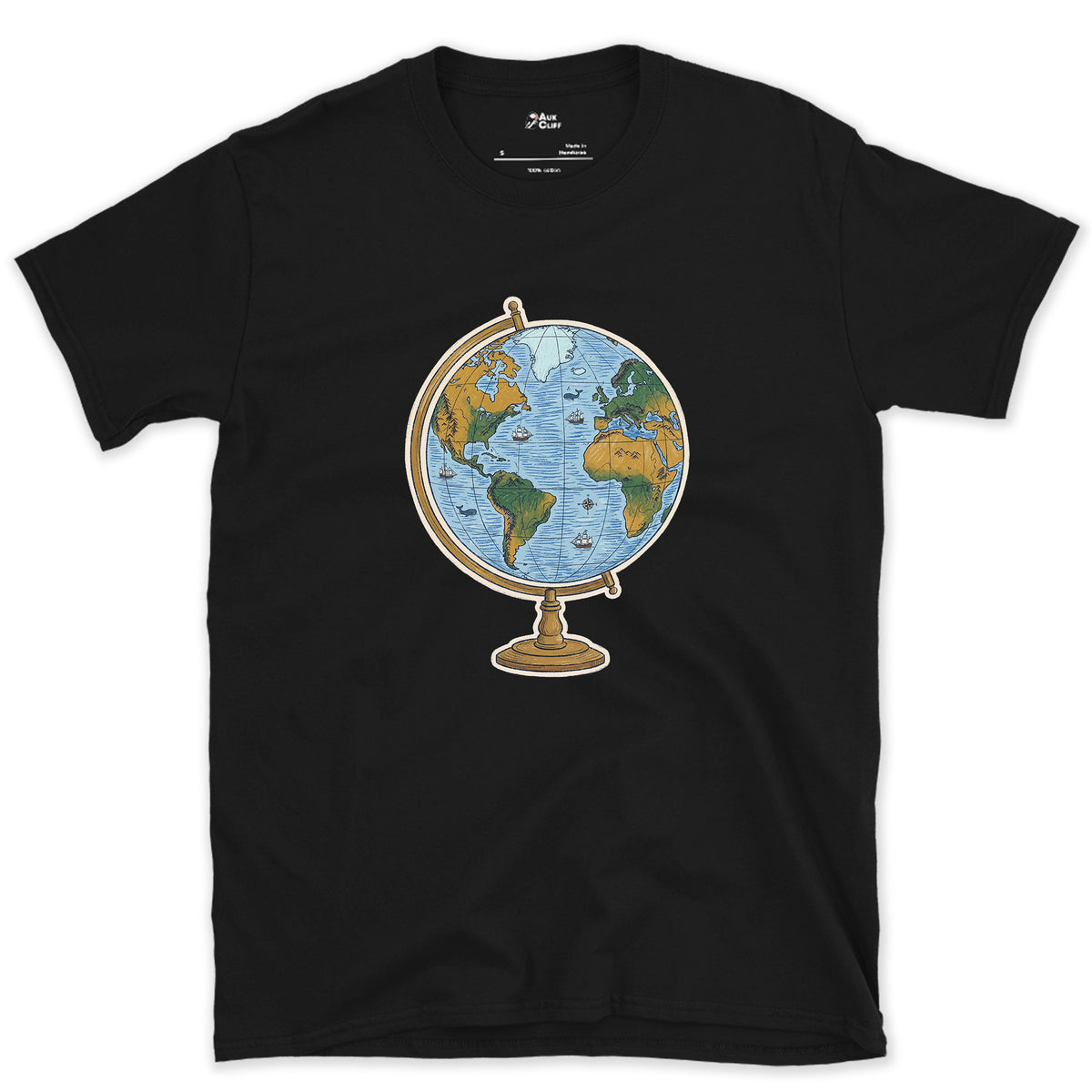 The Whole World on a Stand, Travel Globe design on a Black Gildan Softstyle t-shirt